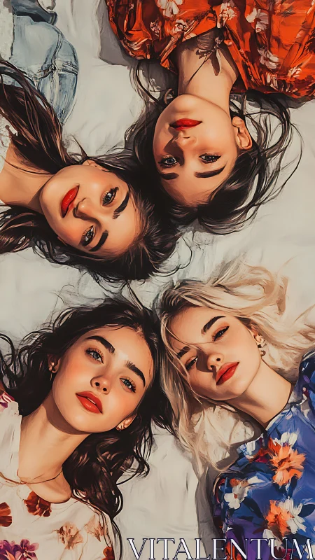 Overhead portrait of four young women in floral fashion circle