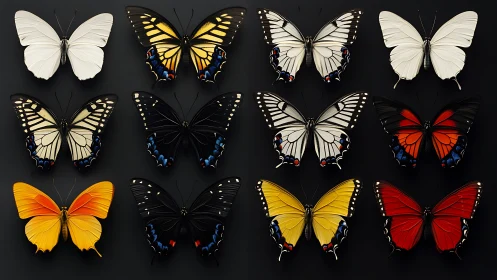 Symmetrical butterfly collection arranged on black background