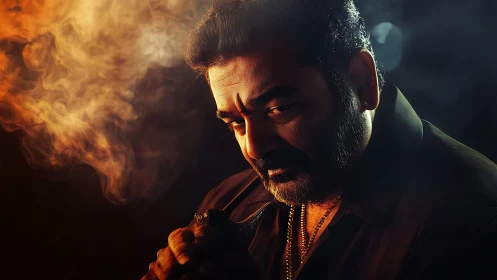 Brooding bearded man in smoky orange and shadowed light