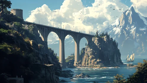 Stone arch bridge spans coastal cliffs under towering peak