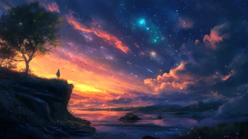 Spectral twilight panorama with silhouetted observer on cliff edge.