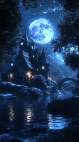 Moonlit riverside manor under dense starfield with blue volumetric light