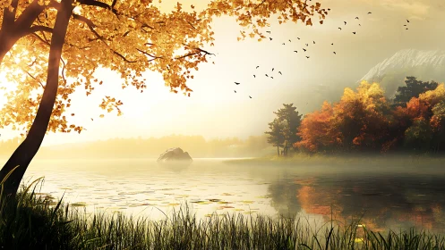 Autumn trees and calm lake under soft sunrise light.