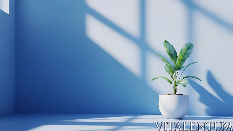 Minimalist banana plant in white pot under hard window light