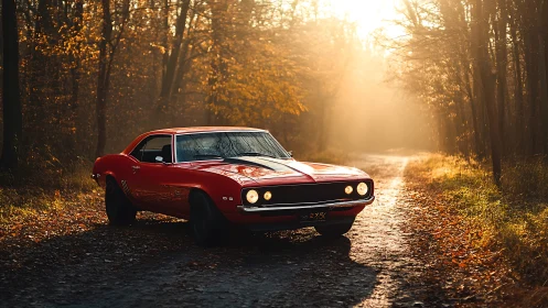 Classic red muscle car on sunlit autumn forest road