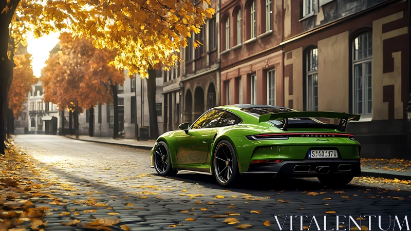 Lime green sports car on autumn cobblestone boulevard at dusk.