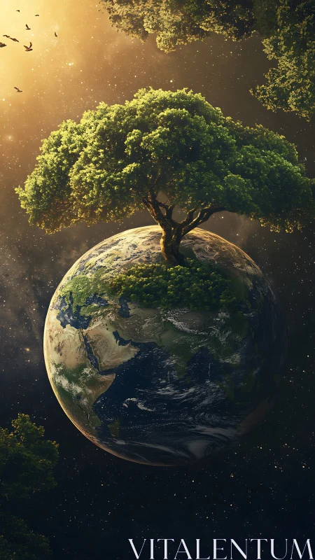 Tree crowned Earth floats in golden cosmic atmosphere.
