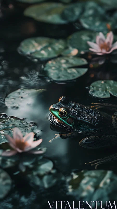 Frog in dim pond among lily pads and water lilies.