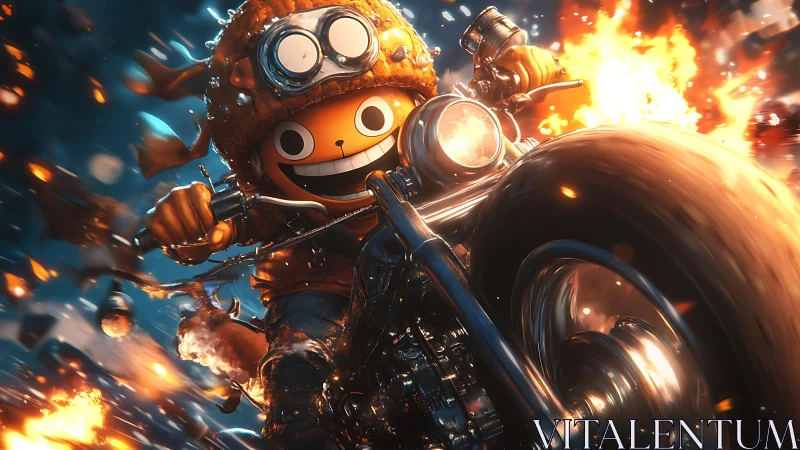 Explosive chibi rider tearing through blazing city streets.