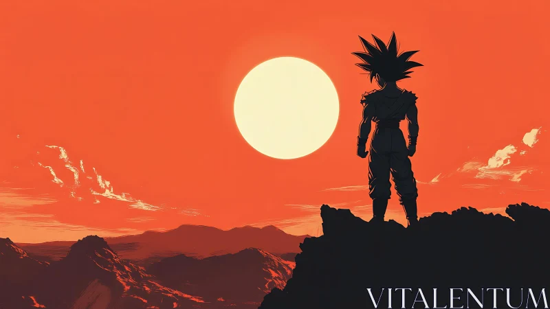 Silhouetted warrior observes oversized sun above stratified ridges