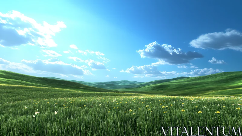 Digital rendering of grassy hills under clear blue sky.