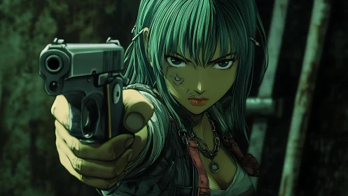 Female character extends handgun toward viewer in focus