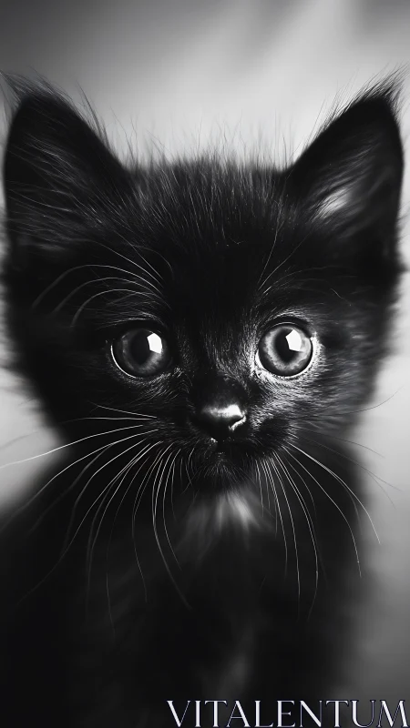 Black Feline Specimen with Wide Luminous Eyes in High Contrast Monochromatic Portrait