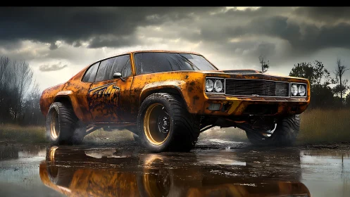 Rusty muscle car dominates muddy field under storm clouds
