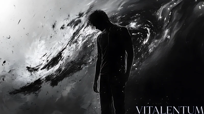 Shadowed figure pauses before a swirling storm of ink