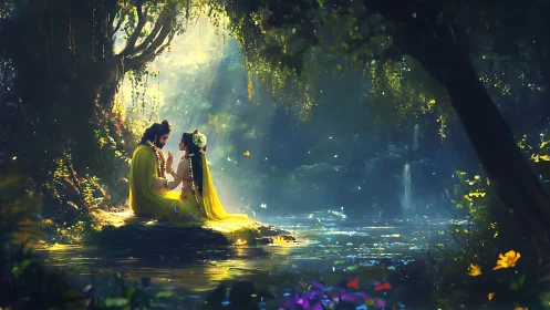 Divine couple by luminous forest river in soft dusk light.