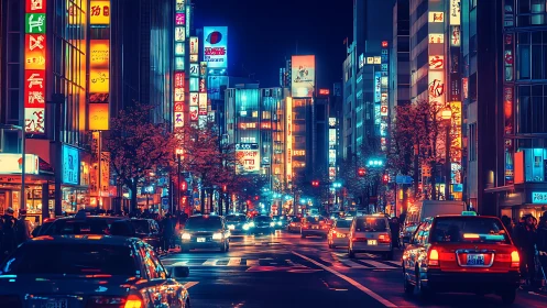 Neon lit Japanese city street pulses with vivid nightlife.