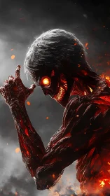 Fiery titan silhouette framed in stormy ember-lit skies.