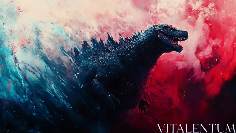 Colossal reptilian kaiju in turbulent red and cyan energy field