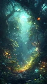 Ethereal Forest Path with Glowing Fauna and Flora