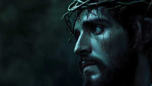 Cinematic low-key portrait with thorn crown and blood traces.