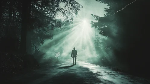 Silhouette walks forest road under piercing emerald light.
