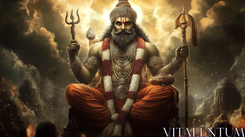 Seated warrior deity with tridents amid temple ruins at dusk.