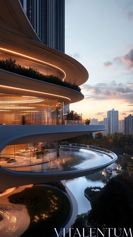 Spiraling Urban Oasis: Luminous Architecture Embraces Twilight's Glow.