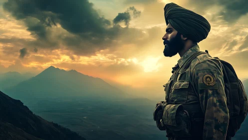 Photorealistic portrait of soldier against alpine sunset horizon.