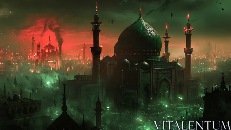 Nighttime domed cityscape under red and green haze.