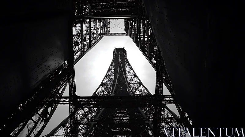 Steel lattice tower photographed from base in stark silhouette