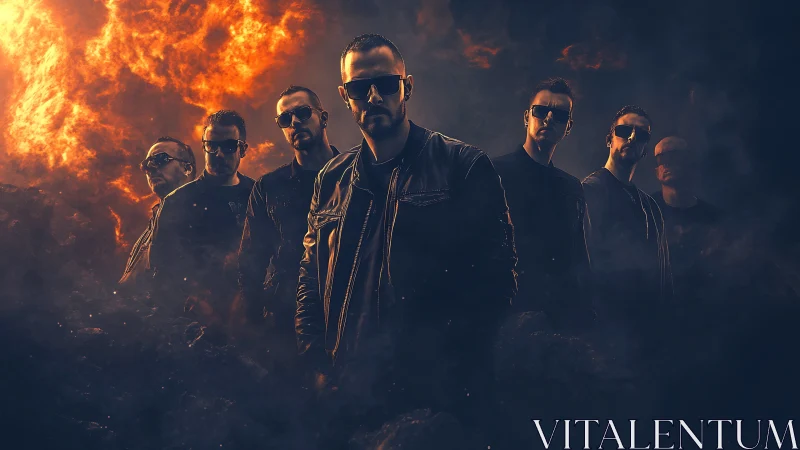 Rock band in dark smoky scene with intense fiery sky.