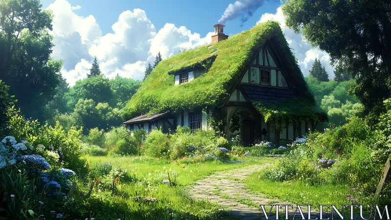 Sunlit cottage with overgrown green roof anchors lush garden