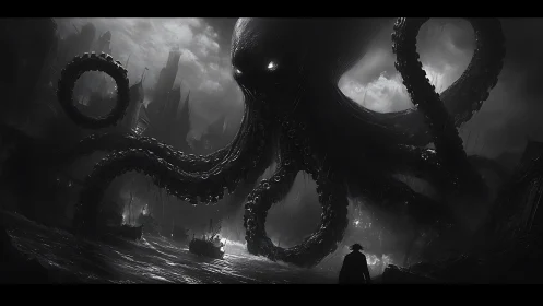 Monochrome leviathan assaulting gothic harbor under stormfront.