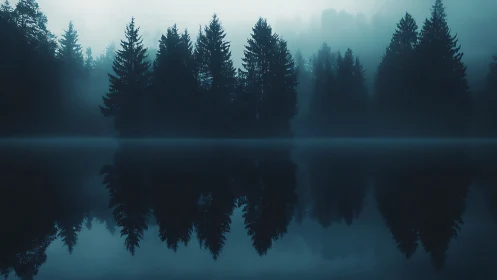 Misty forest shoreline reflected softly in midnight blue water.