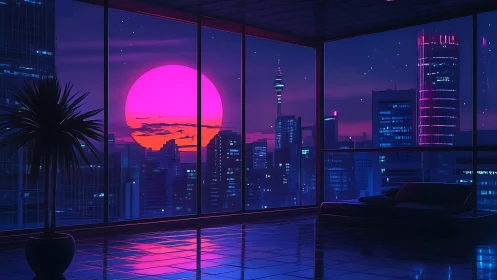 Neon magenta sunset over futuristic city skyline from loft
