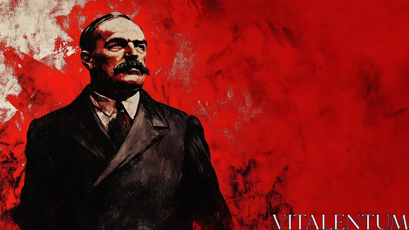 Stern man in suit stands before rough red painted backdrop