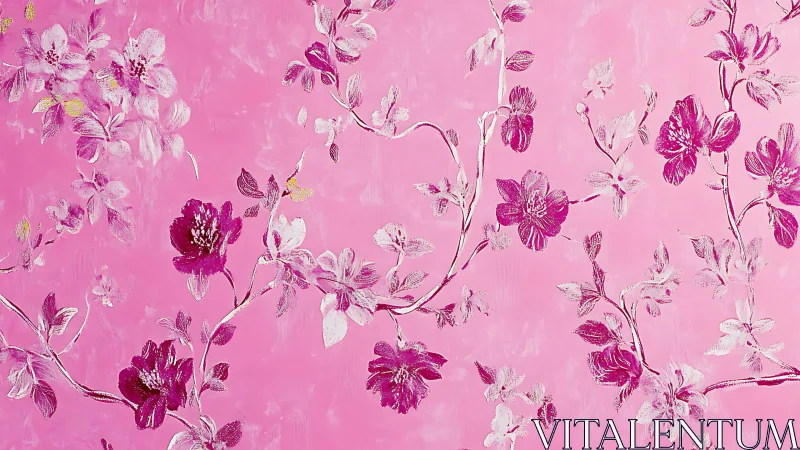 Pink background with stylized magenta floral branch pattern.