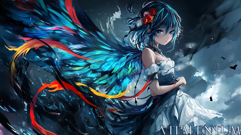 Winged anime girl ascends amid vivid, stormlit feathers.
