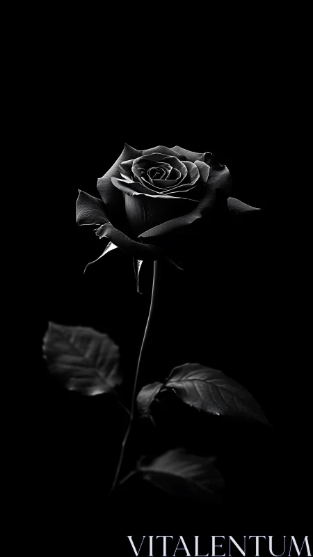 Monochrome close-up of single rose on black background.
