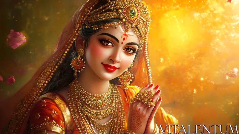 Golden glow of a serene, jewel crowned goddess portrait.