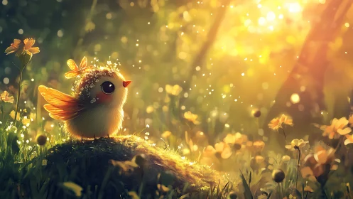 Whimsical baby bird in glowing flower field, digital fantasy art.