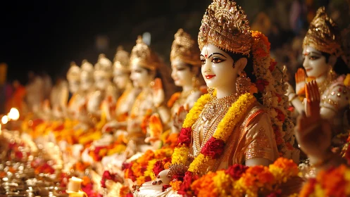 Row of adorned Hindu deity statues with floral garlands.