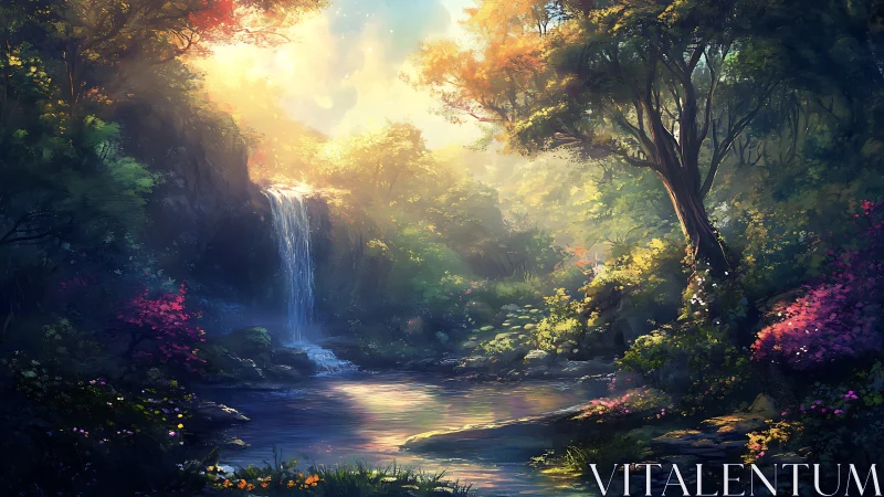 Mystical Forest Waterfall Dawn Light Through Ancient Woods.