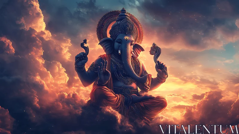 Divine Ganesha deity sits radiant amid glowing storm clouds
