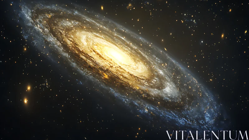 Golden spiral galaxy swirling through a quiet starfield.