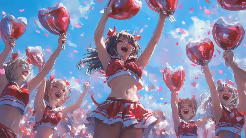 Cheer squad in red uniforms holding heart balloons overhead.
