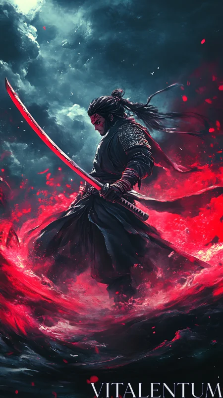 Samurai figure with red katana amid swirling red energy.