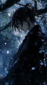 Solitary figure stands in rainy forest under dim blue light