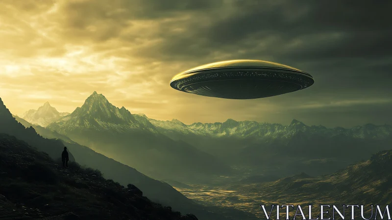 Massive alien craft hovers above misty mountain valley at dusk